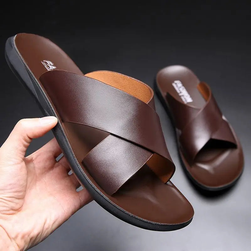 Summer New Outdoor Wear Slippers Men's Leather Korean Version of the Trend Mens Sandals Non-slip Flip-flops Mens Beach Shoes