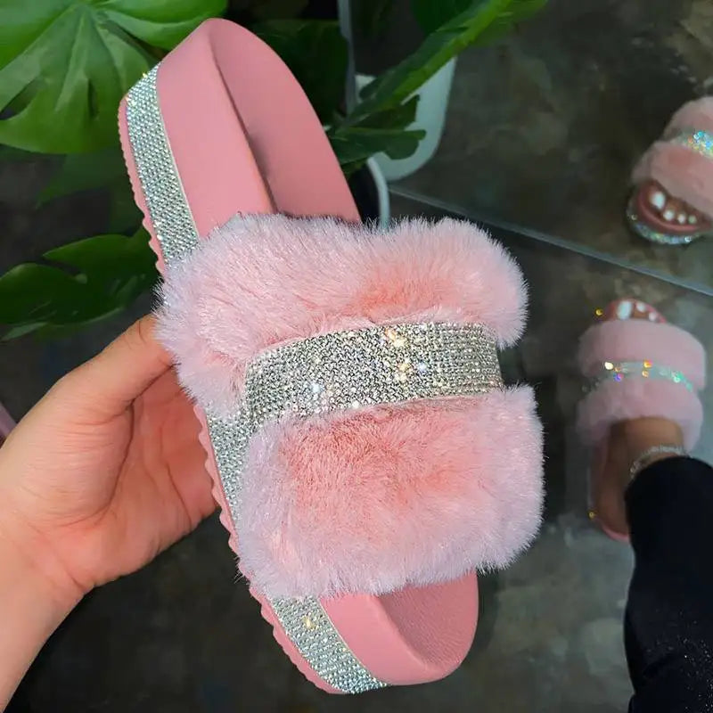 2025 New Arrival Ladies Custom Winter Fur for Slippers PVC Thick-Soled with Cushioning Embroidered Logo Rhinestone Furry Fashion