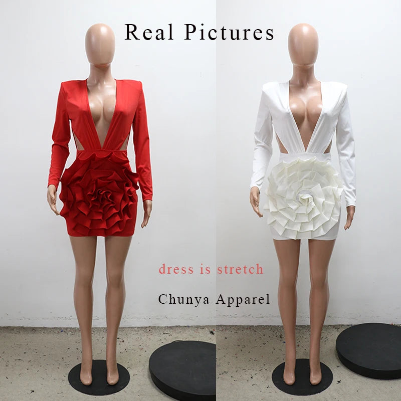 In Stock CY901591 Deep V-neck Blossom Mini Dress Hollow Out Long Sleeve Short Dress for Party Club Woman Dress 2025