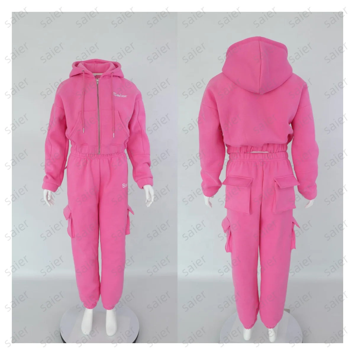 L230716 Custom Embroidery Oversized Zip up Crop Top Hoodie and Jogger Set Two Pieces Hip Hop Women Tracksuit Jacket Hoodie Set