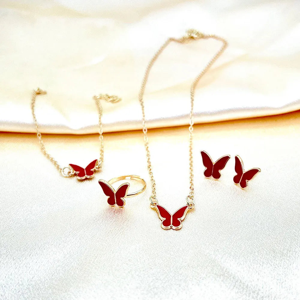 4 Pieces Lucky Butterfly Bracelets Women White Pink Enamel Charm Gold Plated Bracelet Choker Necklace Ring Earring Jewelry Set
