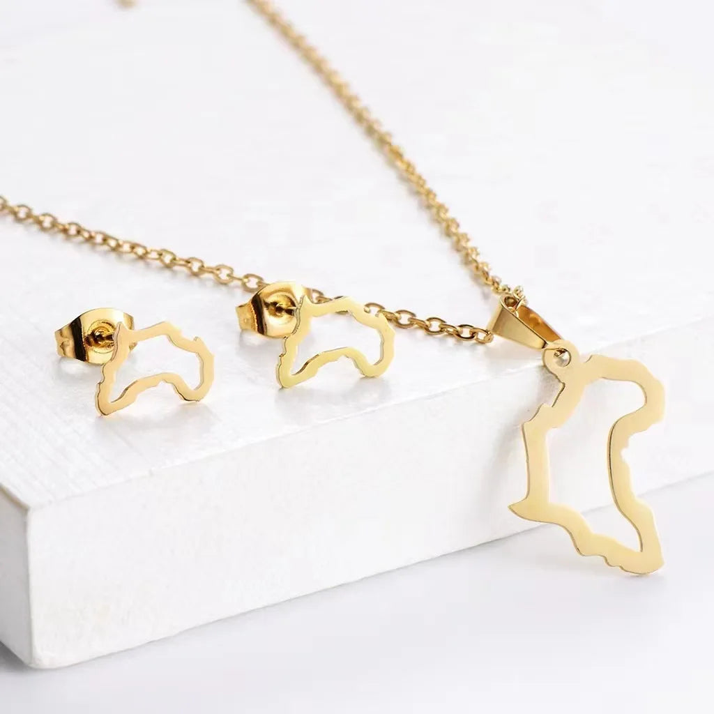 18K Gold Plated Stainless Steel Clavicle Chain Necklace Earring Set for Women Rose Flower Family Necklace Pendant Set Jewelry