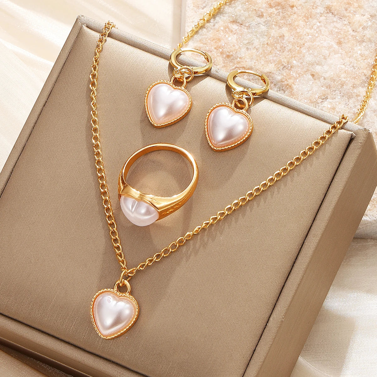 KISSWIFE Fashion Gold Necklace Earrings Ring Sets White Heart Fritillaria Pendant Gift Jewelry Sets for Women