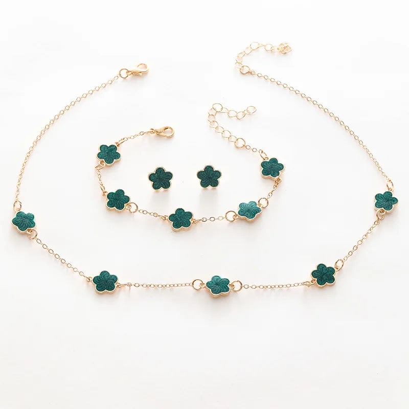 3 Pieces Set Lucky Five Leaf Flower Bracelets Women Enamel Clover Charm Gold Plated Bracelet Necklace Ring Earring Jewelry Set