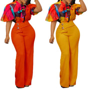 C240066 Fashion Design Floral Print Blouse Wide Leg Pants Outfits Formal Two Piece Sets Women
