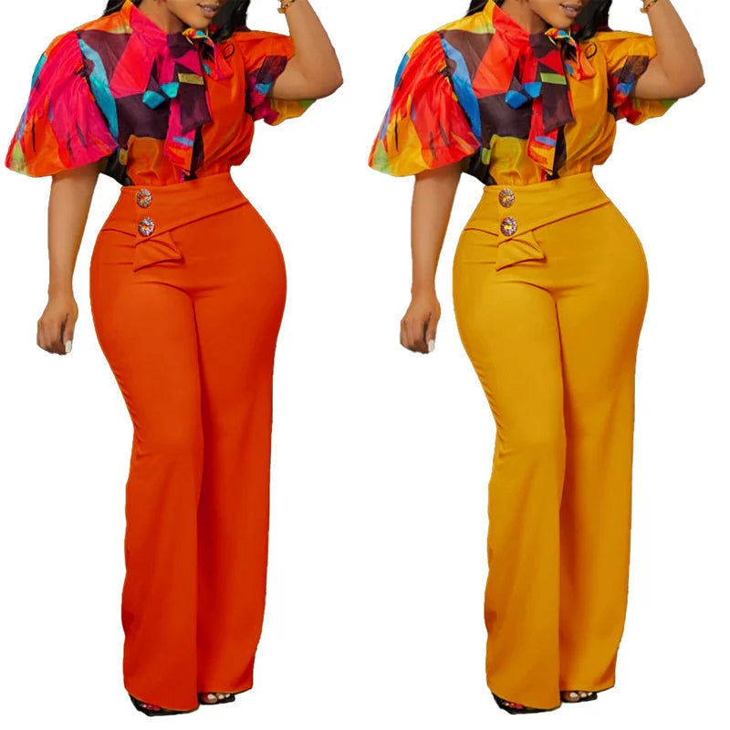 C240066 Fashion Design Floral Print Blouse Wide Leg Pants Outfits Formal Two Piece Sets Women