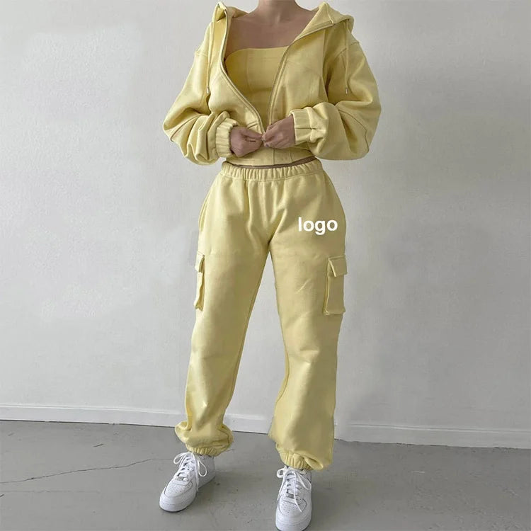 L230716 Custom Embroidery Oversized Zip up Crop Top Hoodie and Jogger Set Two Pieces Hip Hop Women Tracksuit Jacket Hoodie Set