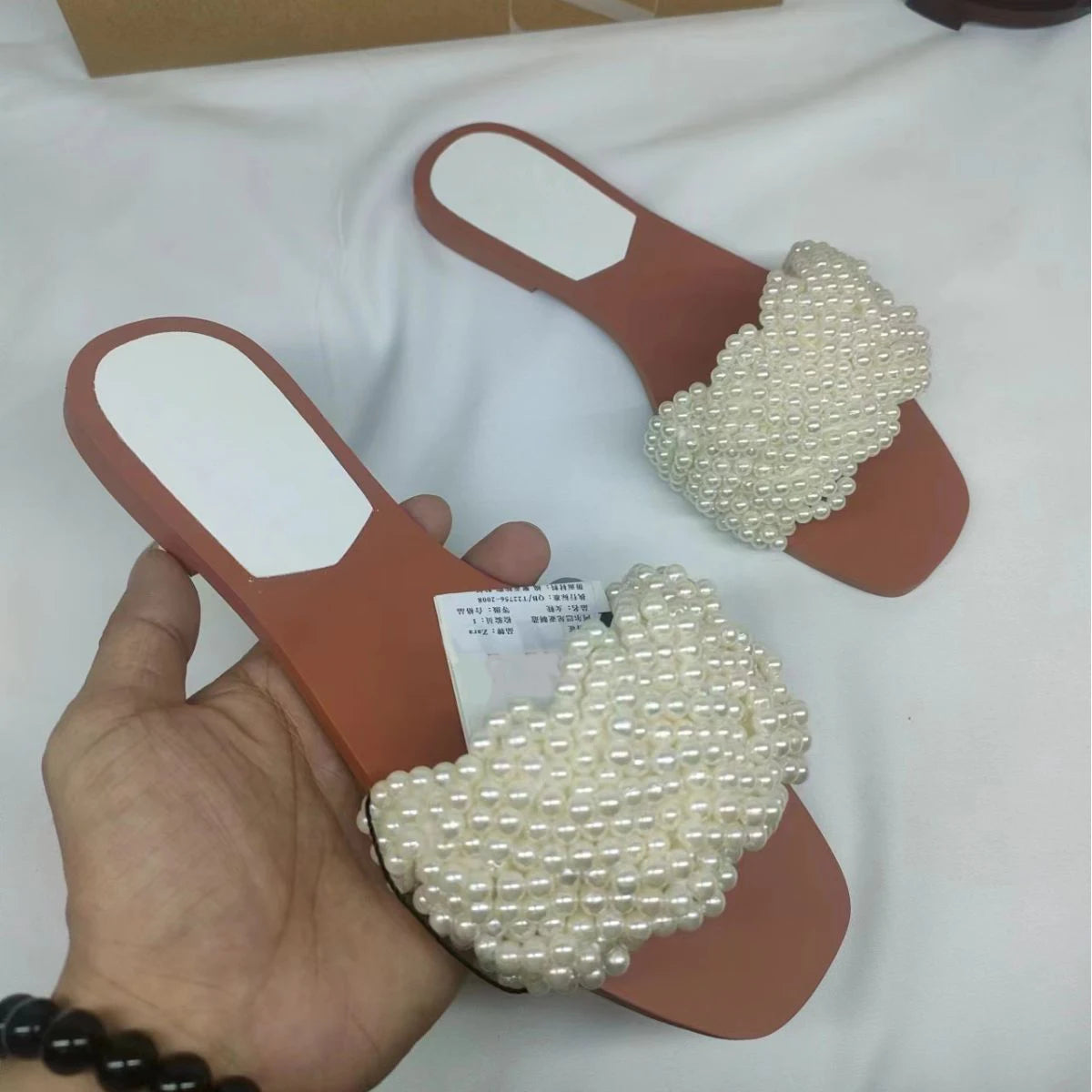 2025 Summer Spanish Pearl Flat Bottom Outdoor Sandals Open Toe Style Fashion Beach Shoes Women's Shoes Fashion Slippers