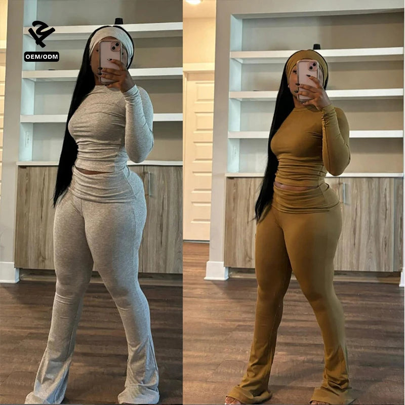L1229 Custom Lounge Wear Two Piece Set Women Clothing Outfits Long Sleeves Tops Foldover Flare Pants Crew Neck Tshirts Pants Set