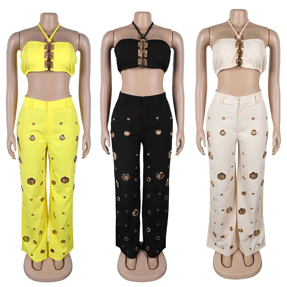 C7436 Fashion Sexy Street Wear Halter Sleeveless Hollow Tank Top Unique Ring Pant 2 Piece Set 2025 Woman Clothing