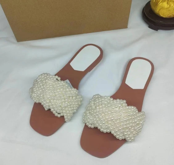 2025 Summer Spanish Pearl Flat Bottom Outdoor Sandals Open Toe Style Fashion Beach Shoes Women's Shoes Fashion Slippers
