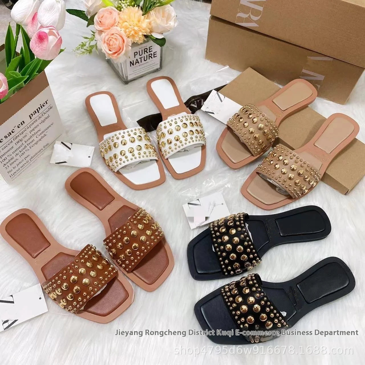 Temu Women's   Shoes Hot European American Style Metal Stud Decorative Flat for Slippers Fashion Trend Daily Outfit