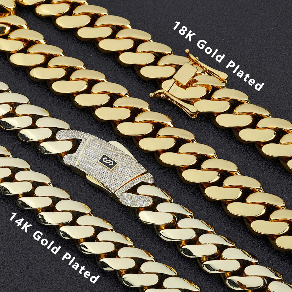 NUOYA 14K/18K Gold Plated Thick Solid Cuban Link Chain Hip Hop Jewelry Iced Diamond Clasp Flat Miami Cuban Link for Men Women