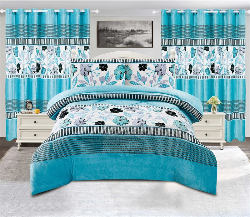 Warm 7pcs Velvet Duvet for Cold Thick Comforter Set With Curtains BORREGO Bedding Set for Winter
