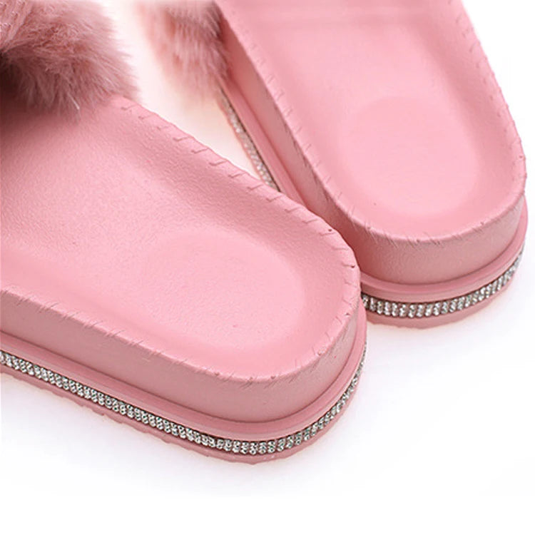 2025 New Arrival Ladies Custom Winter Fur for Slippers PVC Thick-Soled with Cushioning Embroidered Logo Rhinestone Furry Fashion