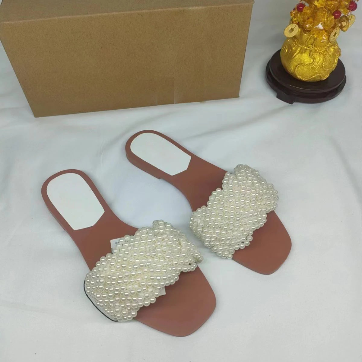 2025 Summer Spanish Pearl Flat Bottom Outdoor Sandals Open Toe Style Fashion Beach Shoes Women's Shoes Fashion Slippers