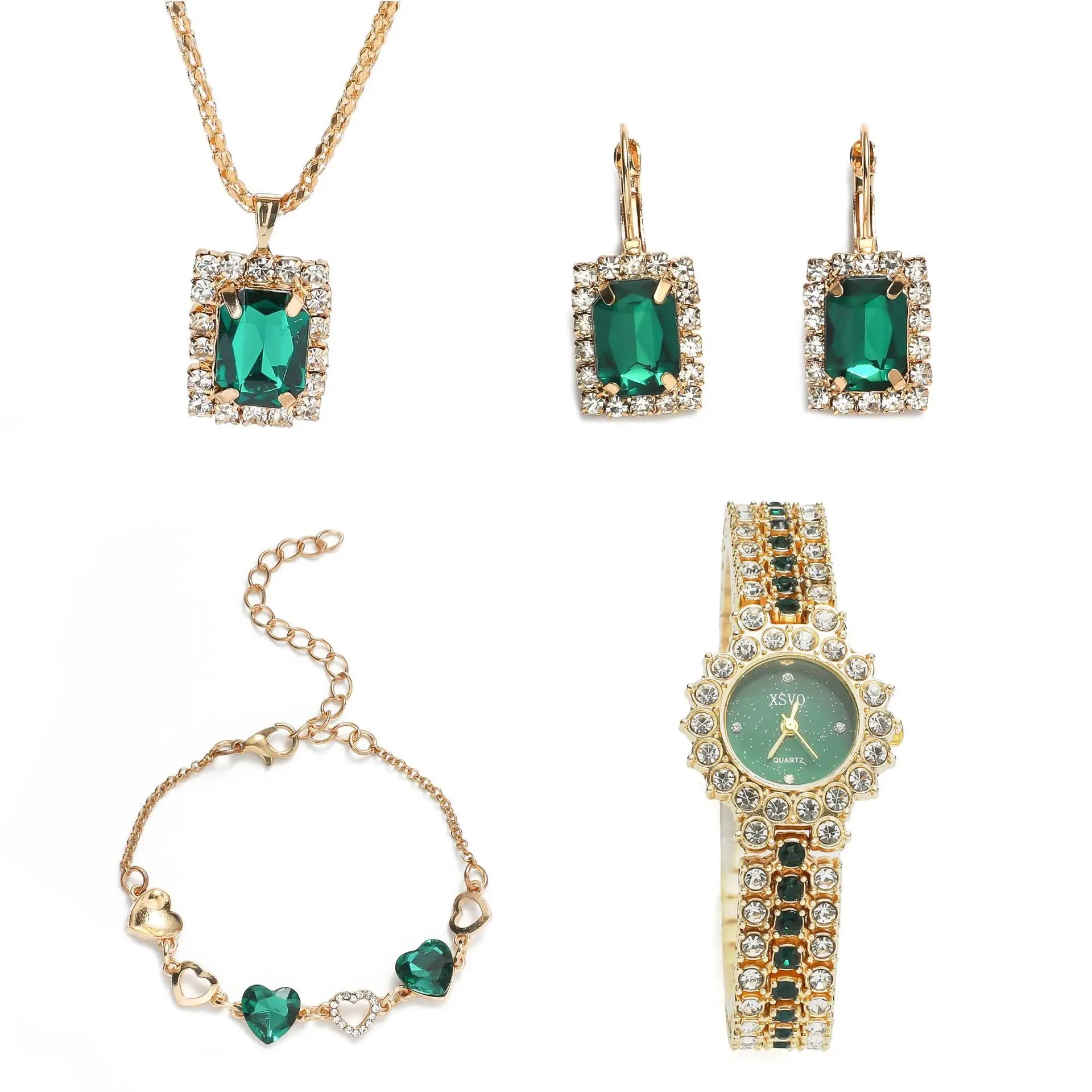 Luxury 5 Pcs/Set Green Crystal Heart Earrings Bracelet Necklace Casual Wristwatch Ladies Quartz Watch Jewelry Set for Gift