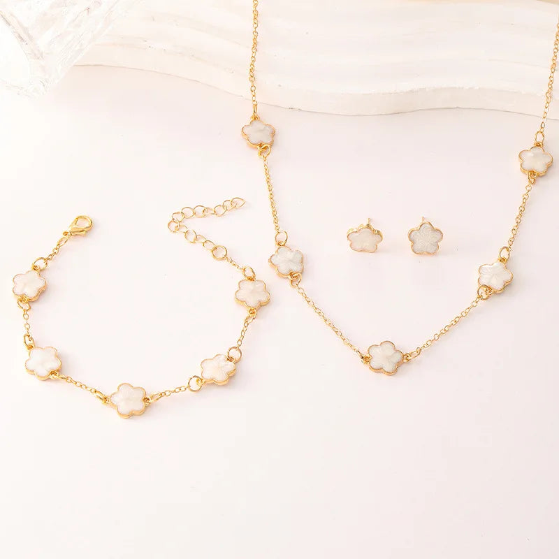 3 Pieces Set Lucky Five Leaf Flower Bracelets Women Enamel Clover Charm Gold Plated Bracelet Necklace Ring Earring Jewelry Set