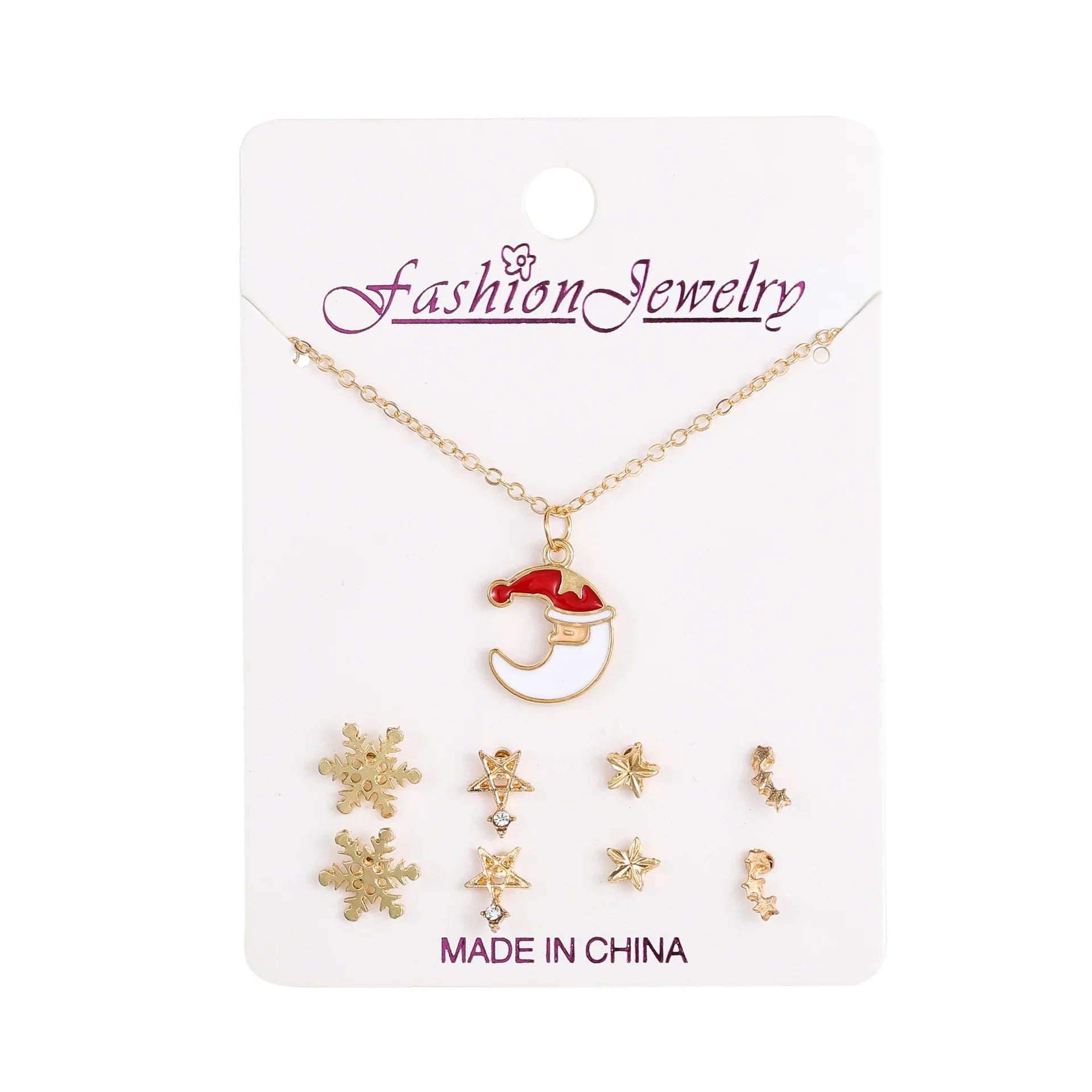 Silver Crystal Rhinestone Christmas Fashion Snowflake Flower Necklace Earrings 5 Piece Set Paper Card Jewelry Set