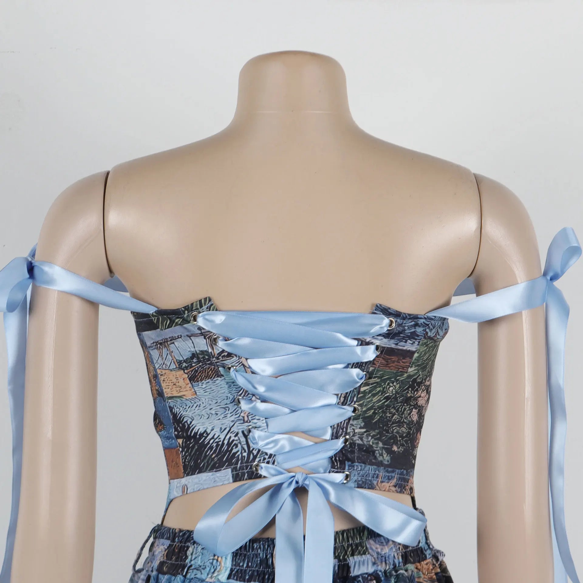 CW3296 Woman Two Piece Set Tube Top Corset and Print Wide Leg Pants Printing Pant Set for Daily