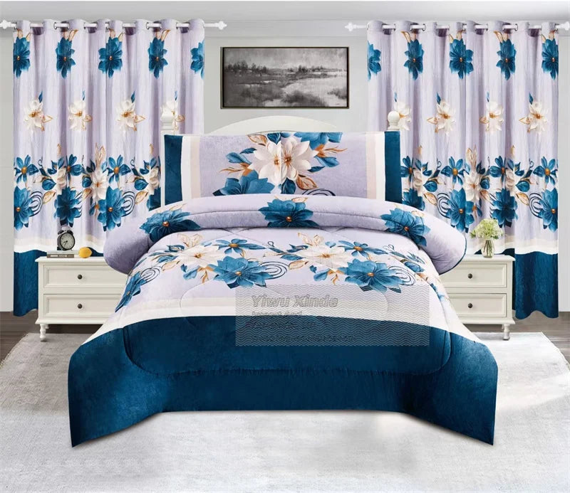 Warm 7pcs Velvet Duvet for Cold Thick Comforter Set With Curtains BORREGO Bedding Set for Winter