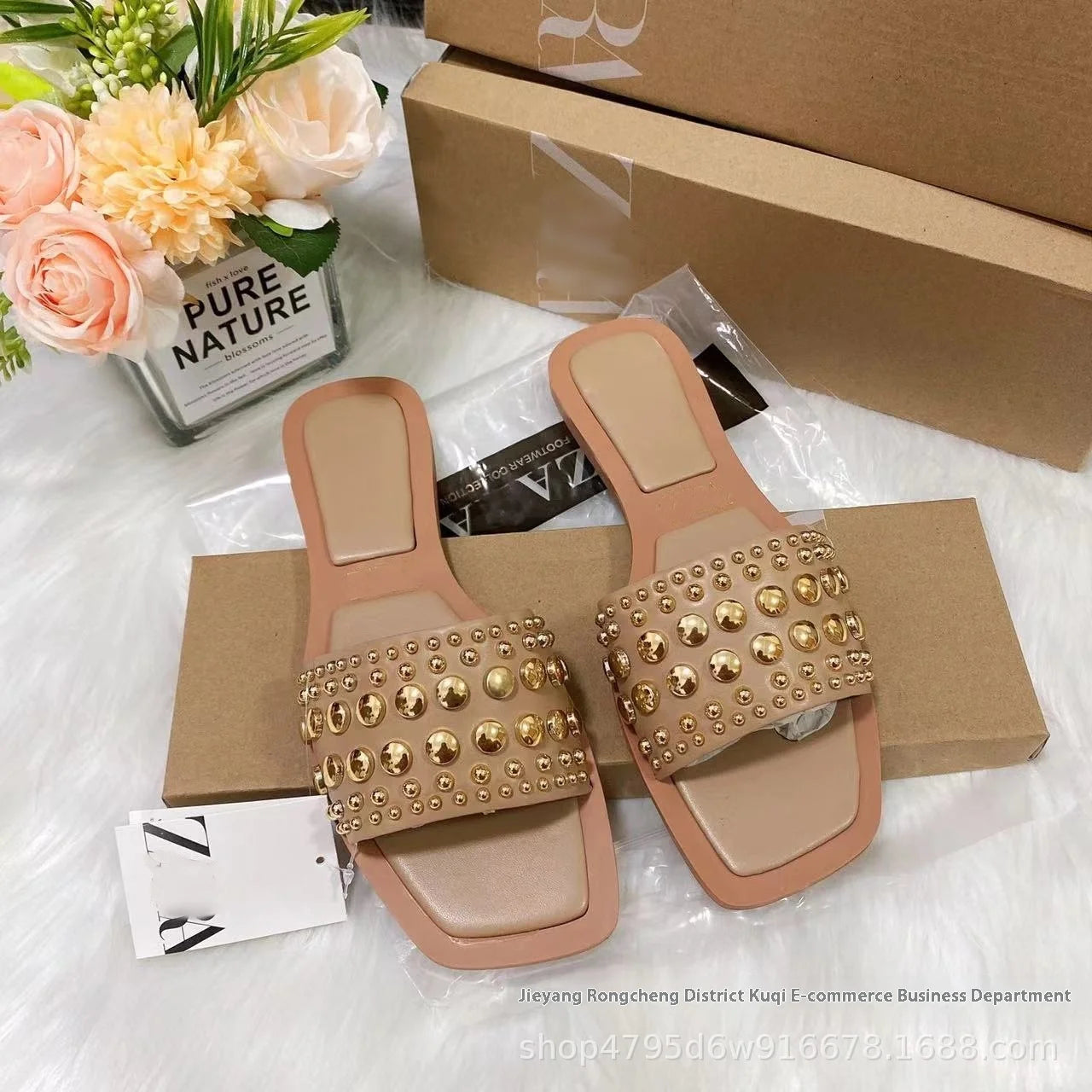 Temu Women's   Shoes Hot European American Style Metal Stud Decorative Flat for Slippers Fashion Trend Daily Outfit