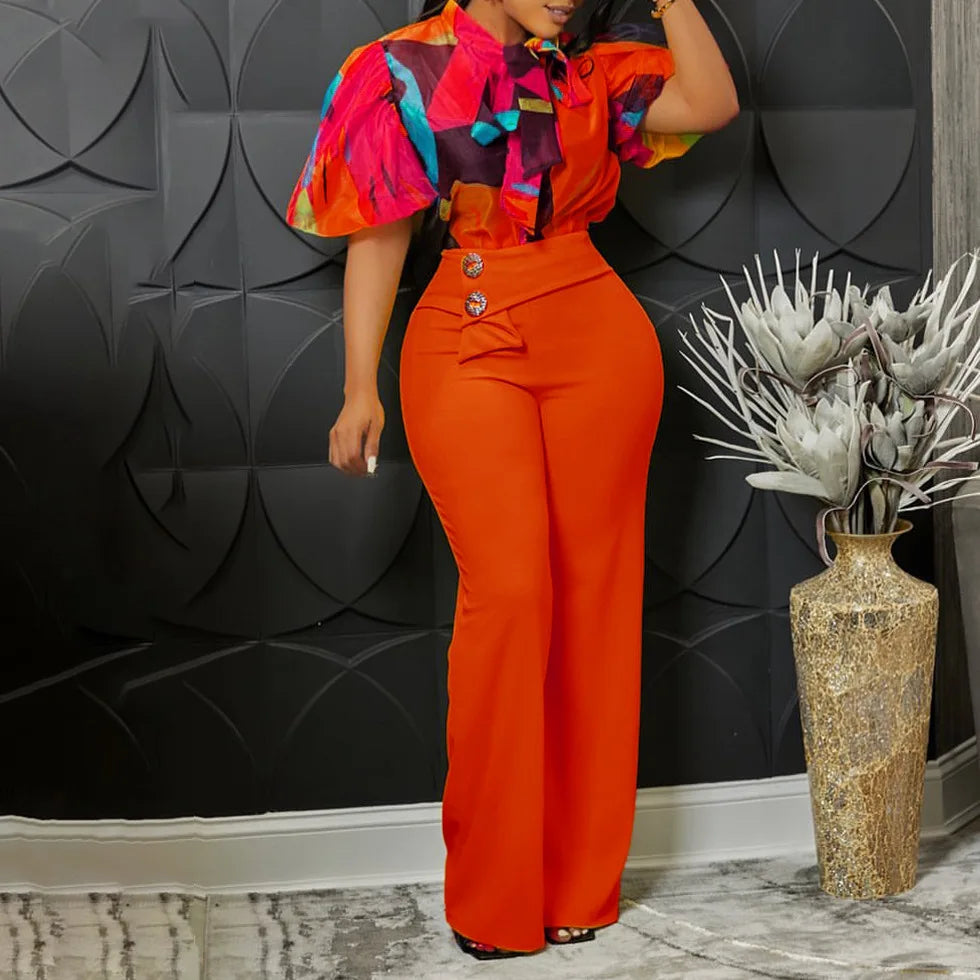 C240066 Fashion Design Floral Print Blouse Wide Leg Pants Outfits Formal Two Piece Sets Women