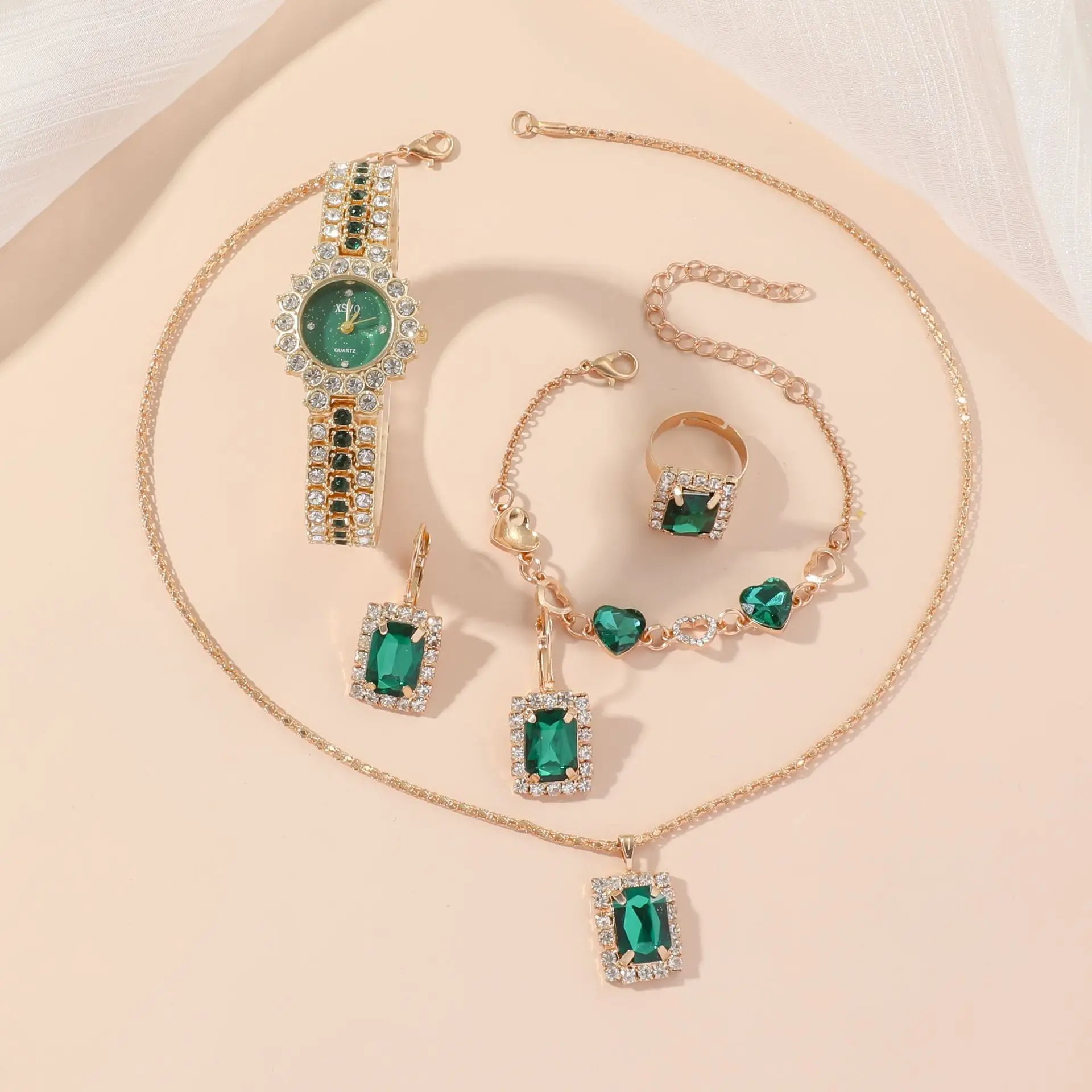 Luxury 5 Pcs/Set Green Crystal Heart Earrings Bracelet Necklace Casual Wristwatch Ladies Quartz Watch Jewelry Set for Gift