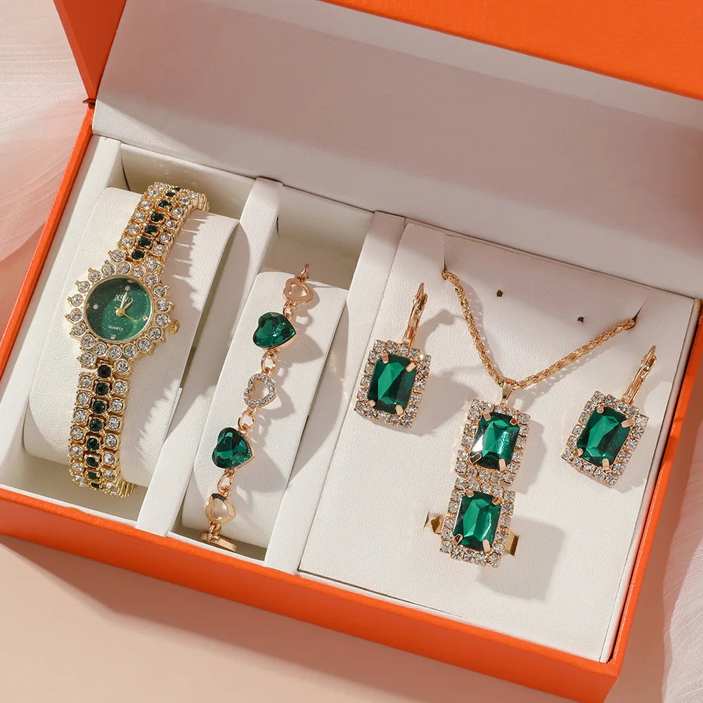 Luxury 5 Pcs/Set Green Crystal Heart Earrings Bracelet Necklace Casual Wristwatch Ladies Quartz Watch Jewelry Set for Gift