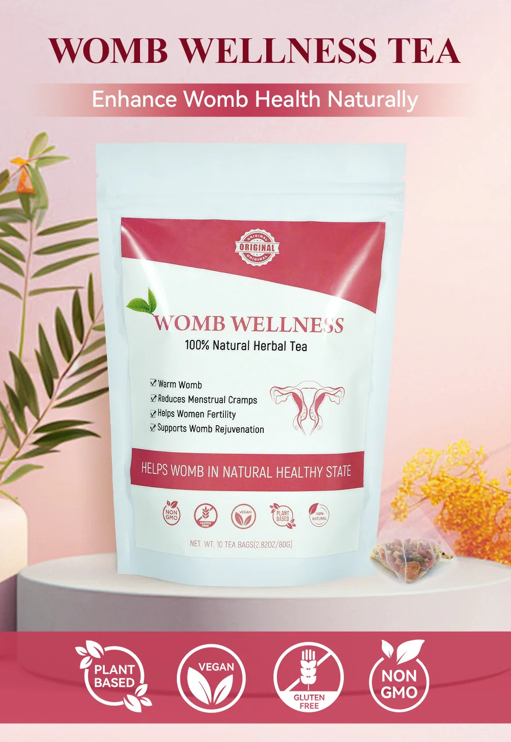 Chinaherbs Natural Womb Tea Female Period Menstrual Cramps Warmer Hormone Balance Glowing Beauty Care Packaged in Bag
