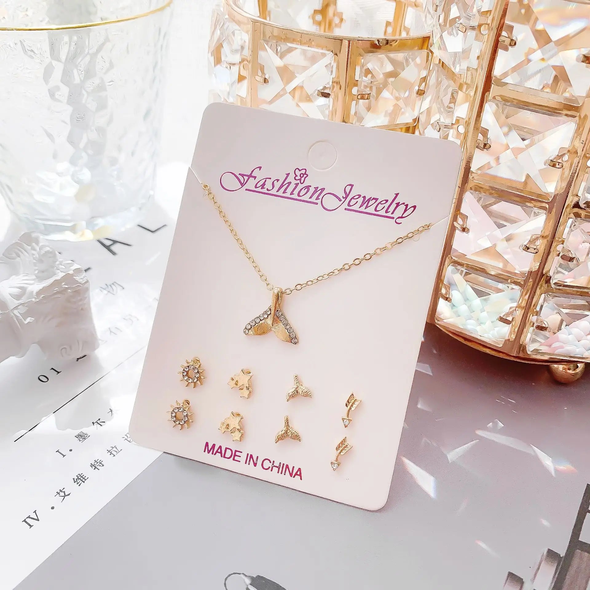 Silver Crystal Rhinestone Christmas Fashion Snowflake Flower Necklace Earrings 5 Piece Set Paper Card Jewelry Set