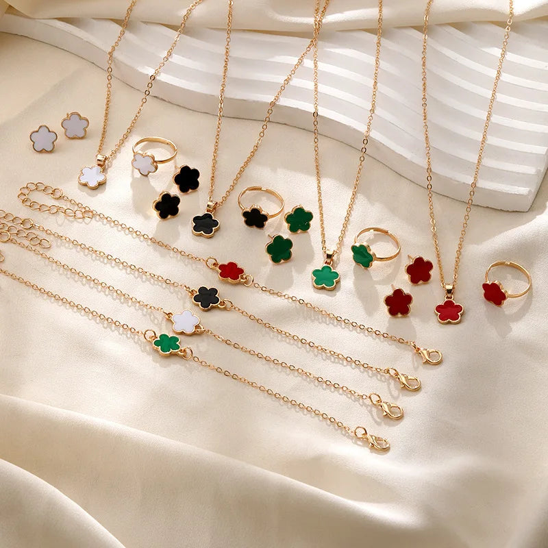 4 Pieces Set Lucky Five Leaf Flower Bracelets Women Enamel Clover Charm Gold Plated Bracelet Necklace Ring Earring Jewelry Set