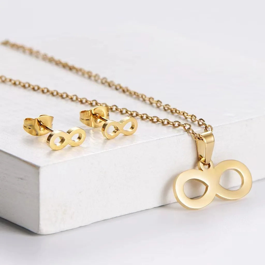 18K Gold Plated Stainless Steel Clavicle Chain Necklace Earring Set for Women Rose Flower Family Necklace Pendant Set Jewelry