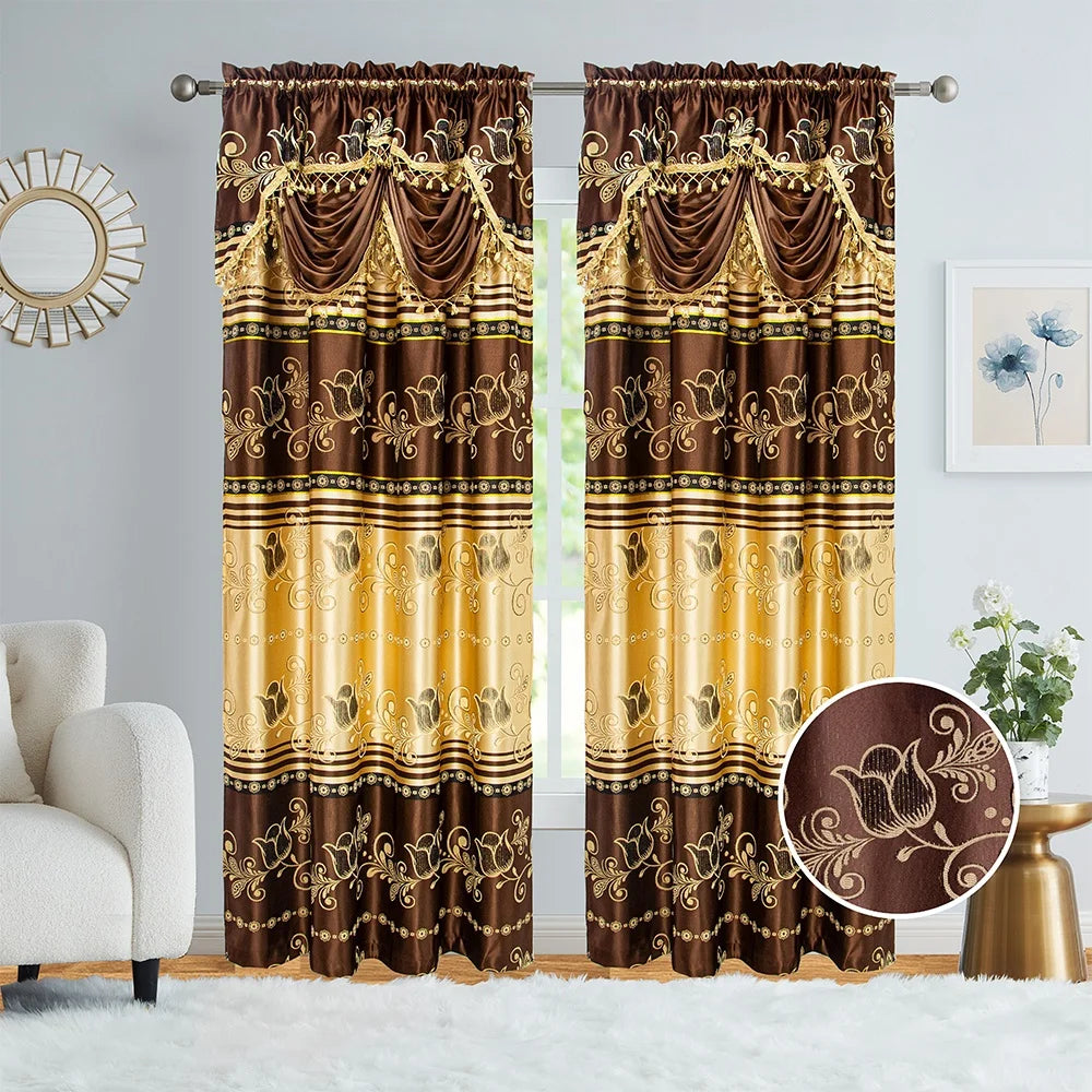 Home Decor Luxury New Design Jacquard Ready Made Window Curtain Panel Set Attached Waterfall Valance for Bedroom Window Blackout