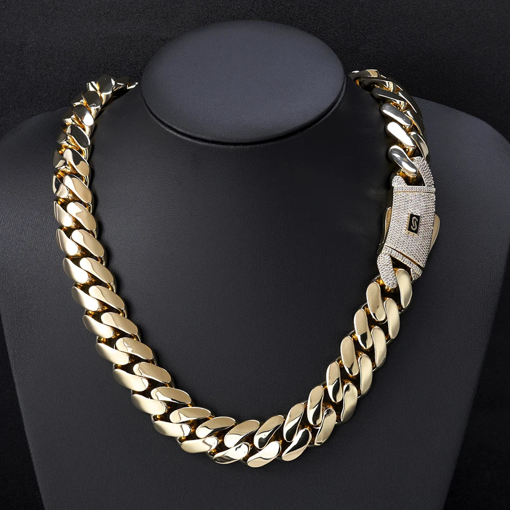 NUOYA 14K/18K Gold Plated Thick Solid Cuban Link Chain Hip Hop Jewelry Iced Diamond Clasp Flat Miami Cuban Link for Men Women