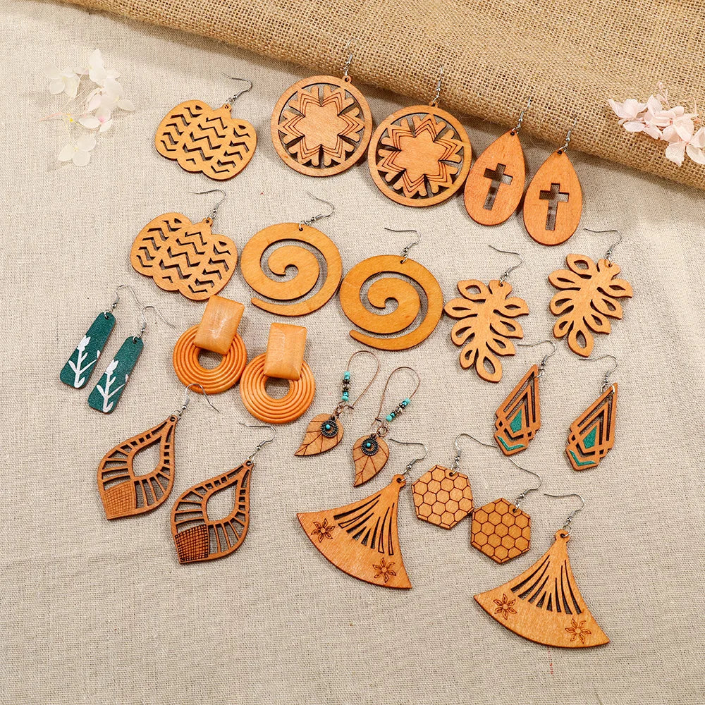 Fashion Jewelry Hollow African Wood Earrings Women Coffee Wooden Earrings Geometric Jewelry Bulk