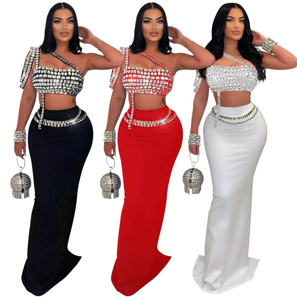 Chunya 901231 Sexy Rhinestone Skirt Woman Two Piece Set for Birthday Party and Club