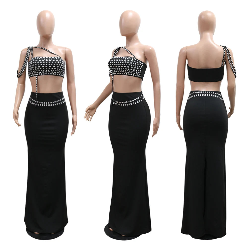 Chunya 901231 Sexy Rhinestone Skirt Woman Two Piece Set for Birthday Party and Club
