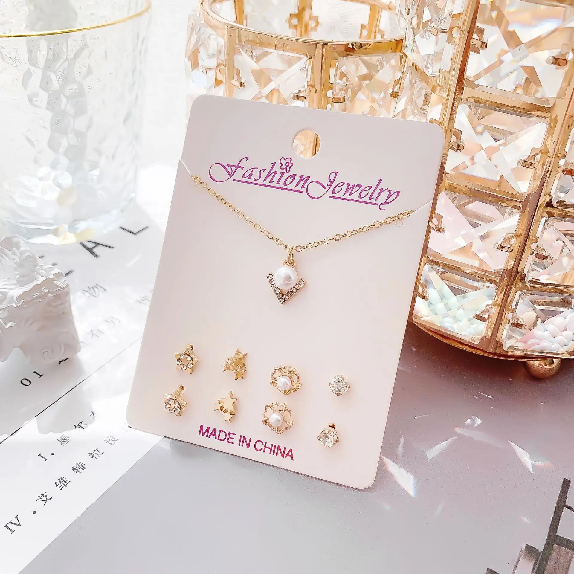 Silver Crystal Rhinestone Christmas Fashion Snowflake Flower Necklace Earrings 5 Piece Set Paper Card Jewelry Set