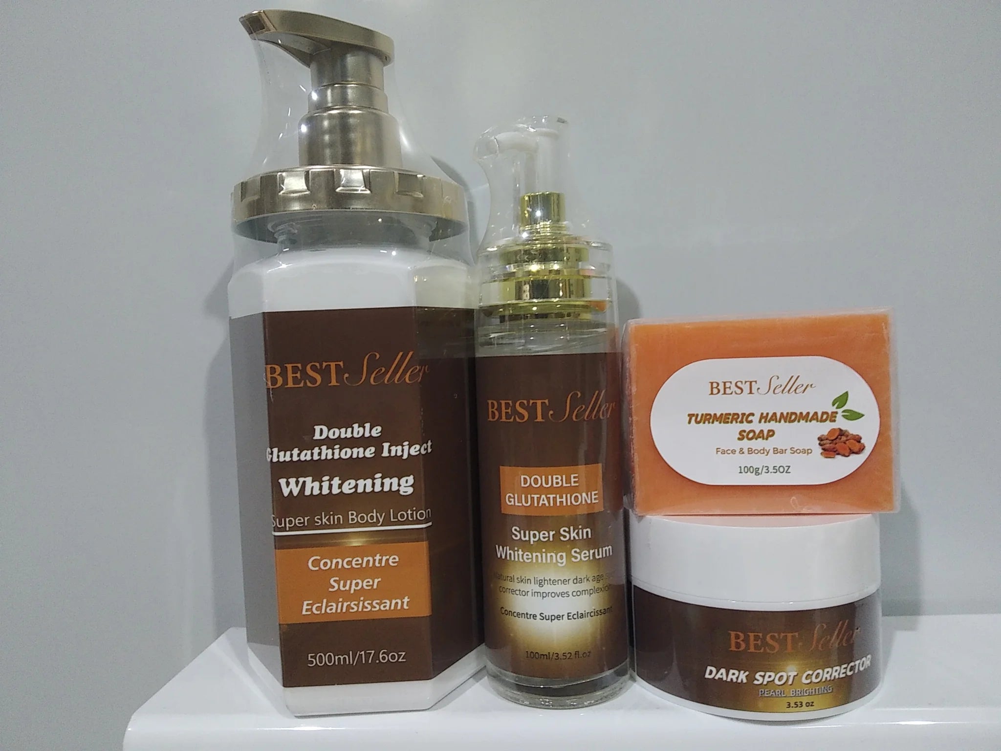 Best Seller Whitening Skincare Kit with AHA Vitamin C Includes Body Lotion Serum Face Soap & Dark Spot Corrector for Brightening