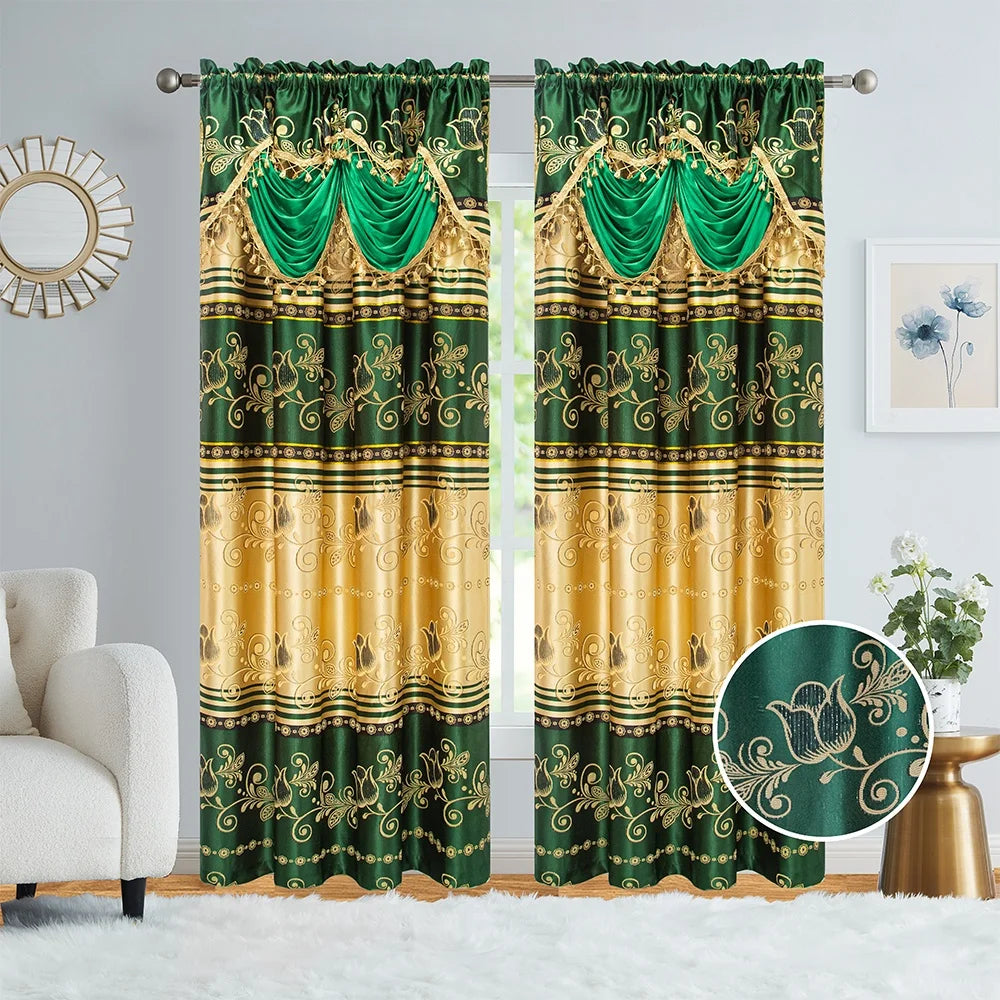 Home Decor Luxury New Design Jacquard Ready Made Window Curtain Panel Set Attached Waterfall Valance for Bedroom Window Blackout