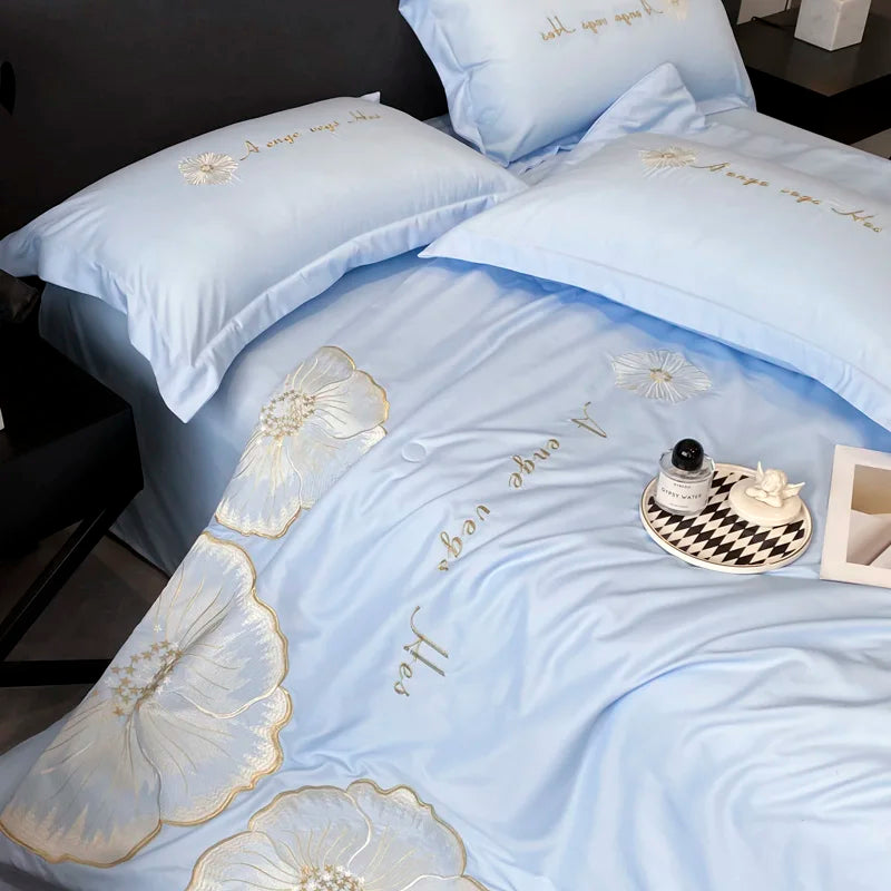 New Arrival Washed Silk Embroidery Solid Comforted  4PCS Duvet Quilt Set