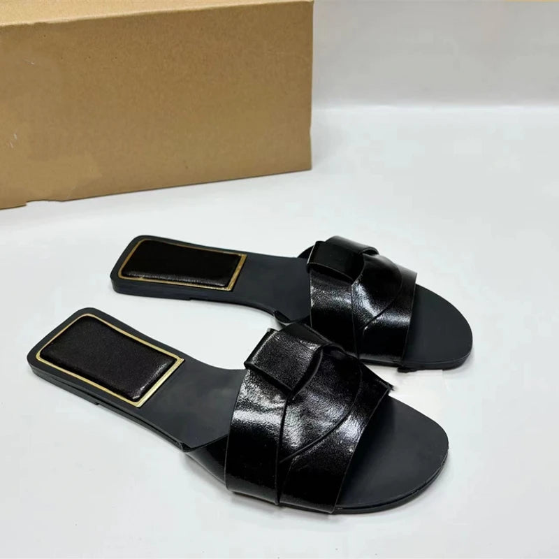 2025 High Quality Ladies Slides Slippers Female Outdoor Leather Flat Sandals Summer Classic Women Babouches