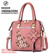 2025 Luxury Ladies Tote Bags Big Fashion PU Leather Blue Embroidery Designs Zipper Closure Polyester Cute Hand Bags for Women