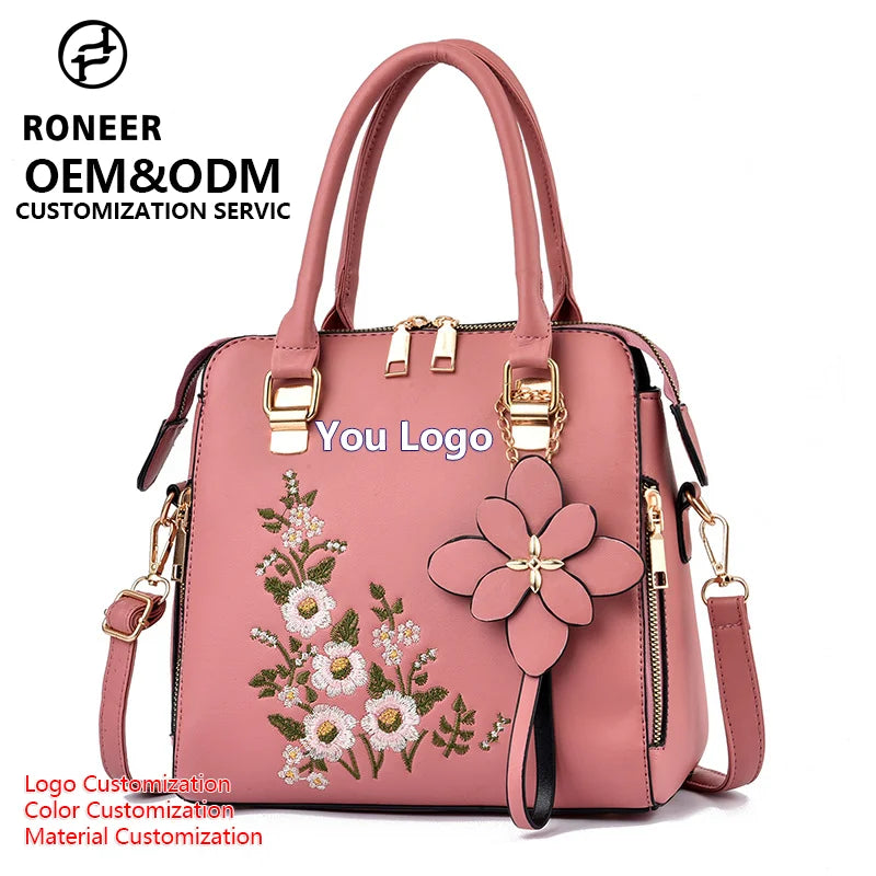 2025 Luxury Ladies Tote Bags Big Fashion PU Leather Blue Embroidery Designs Zipper Closure Polyester Cute Hand Bags for Women