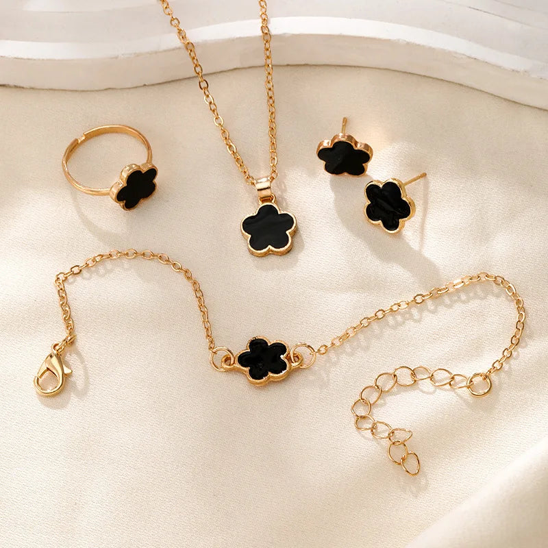 4 Pieces Set Lucky Five Leaf Flower Bracelets Women Enamel Clover Charm Gold Plated Bracelet Necklace Ring Earring Jewelry Set