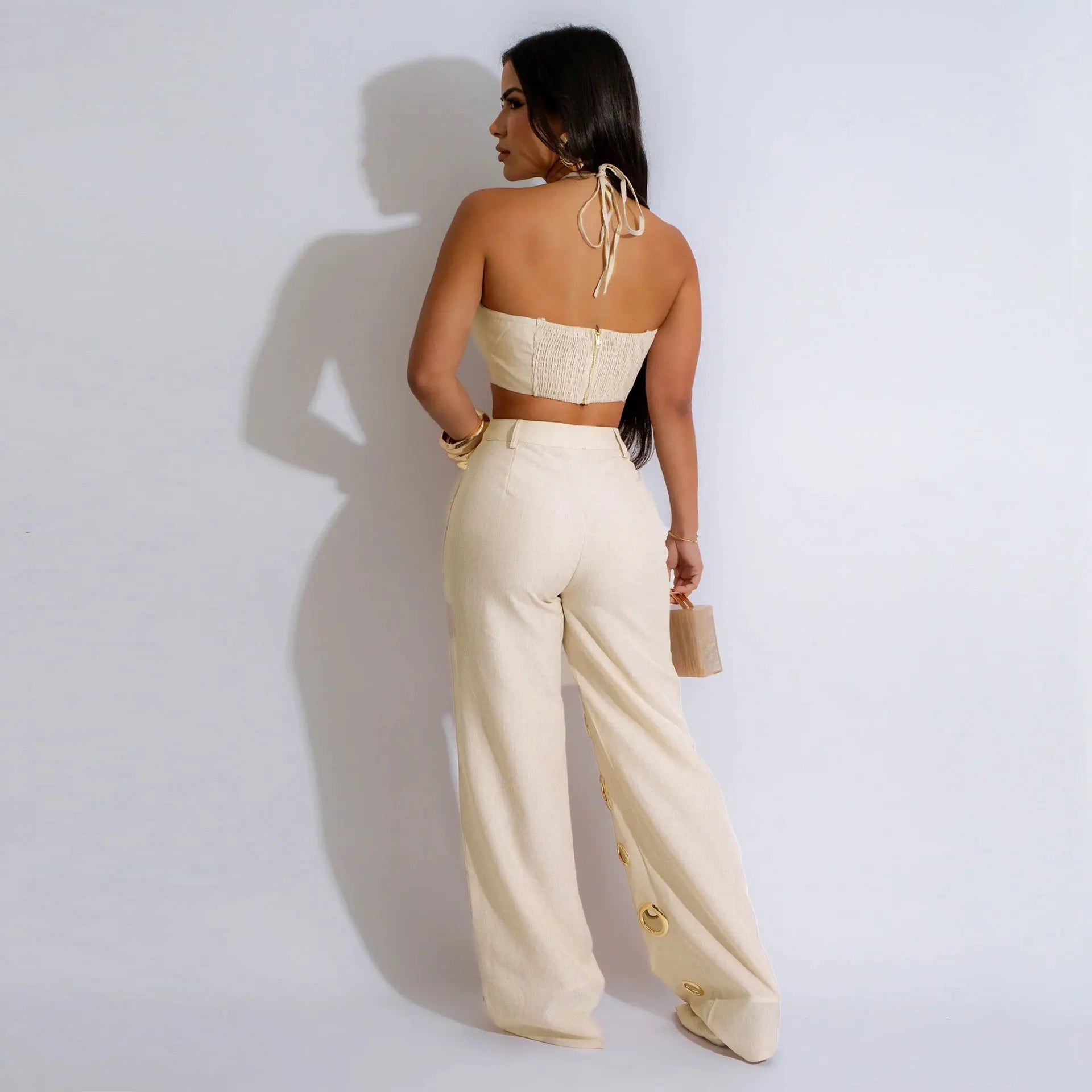 C7436 Fashion Sexy Street Wear Halter Sleeveless Hollow Tank Top Unique Ring Pant 2 Piece Set 2025 Woman Clothing