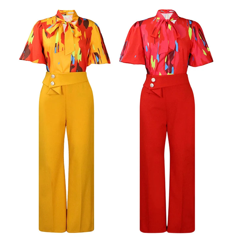 C240066 Fashion Design Floral Print Blouse Wide Leg Pants Outfits Formal Two Piece Sets Women