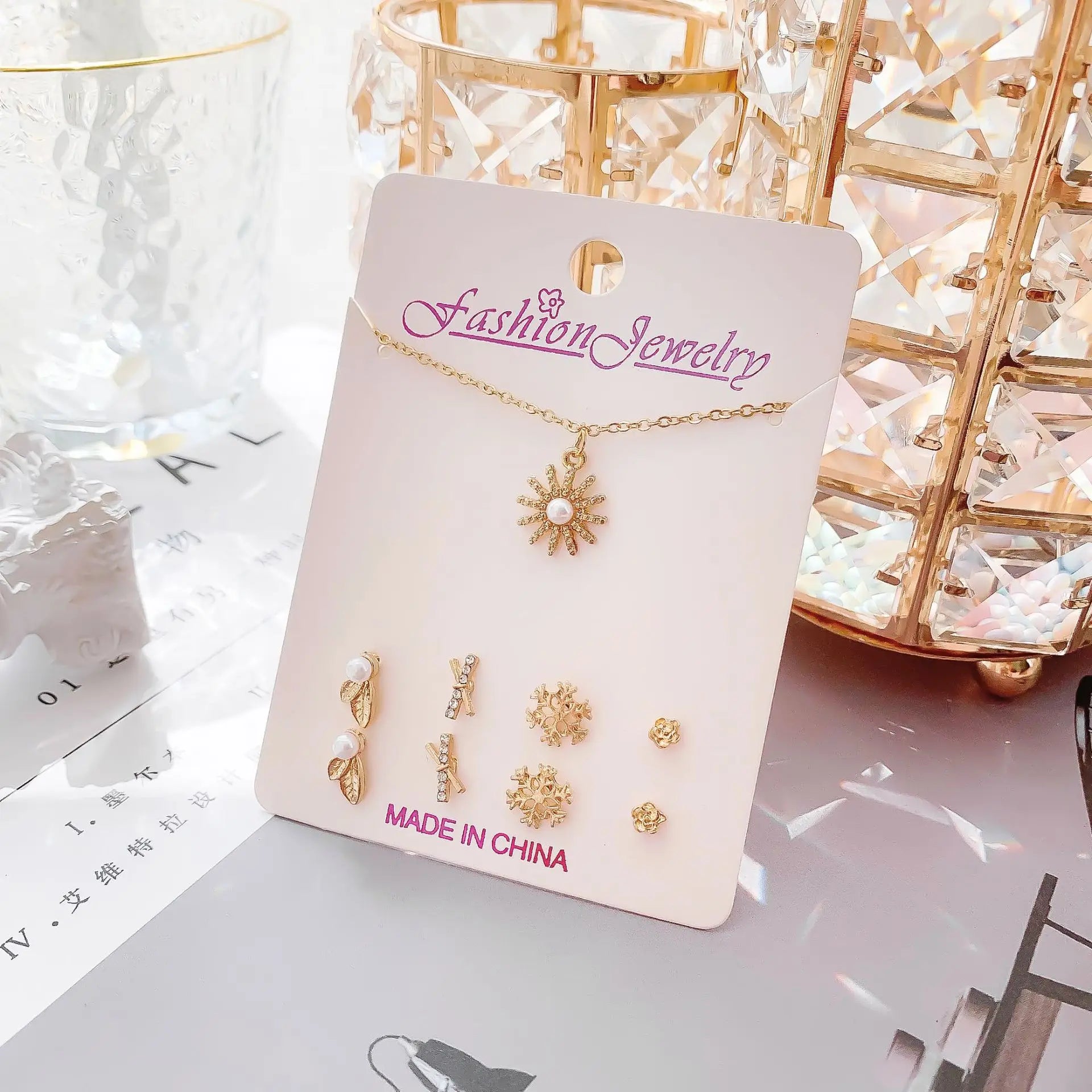 Silver Crystal Rhinestone Christmas Fashion Snowflake Flower Necklace Earrings 5 Piece Set Paper Card Jewelry Set