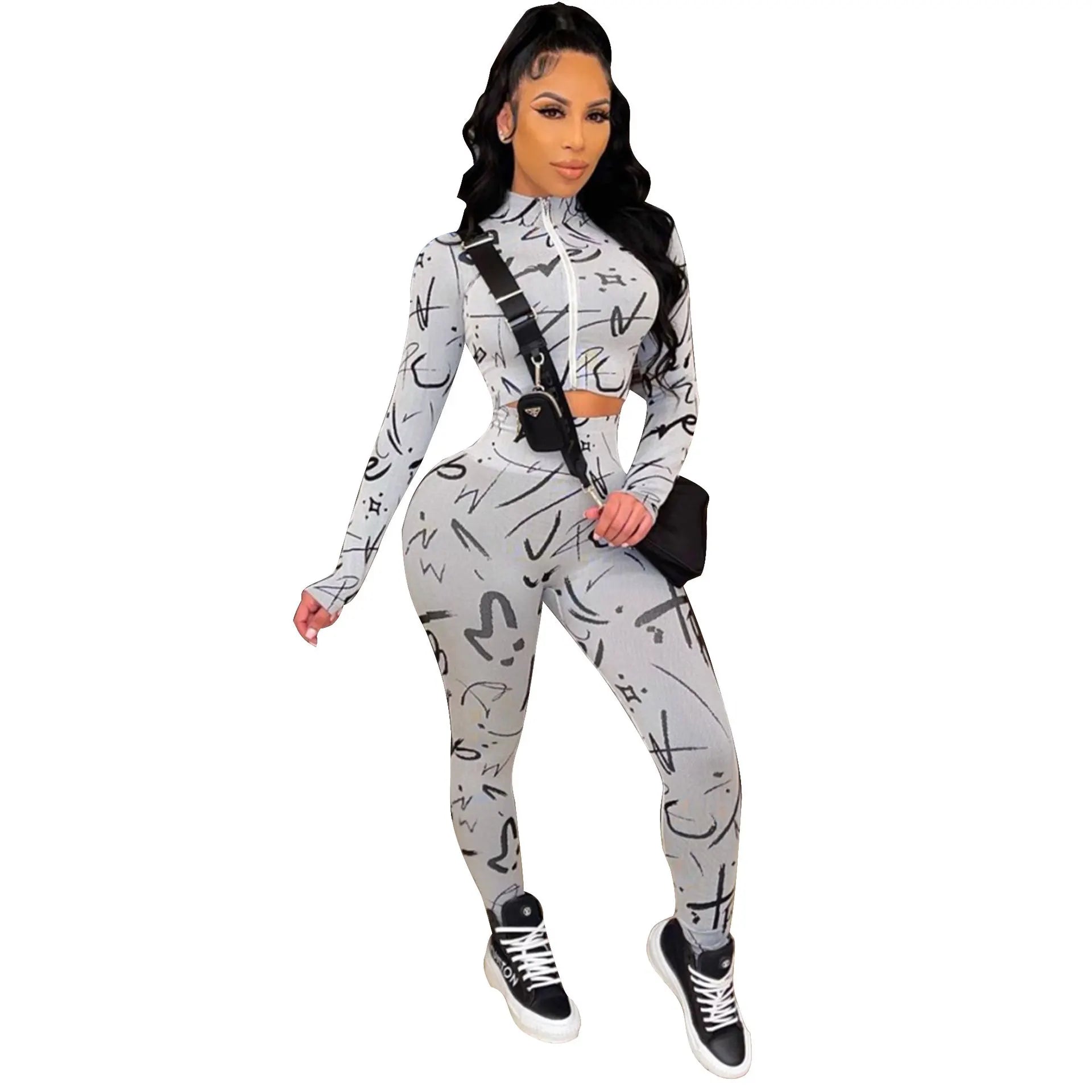 Factory Wholesale Women Clothes New Arrivals Letter Printed Zipper Top and Pants Leggings Plus Size 2 Piece Sets Women Tracksuit